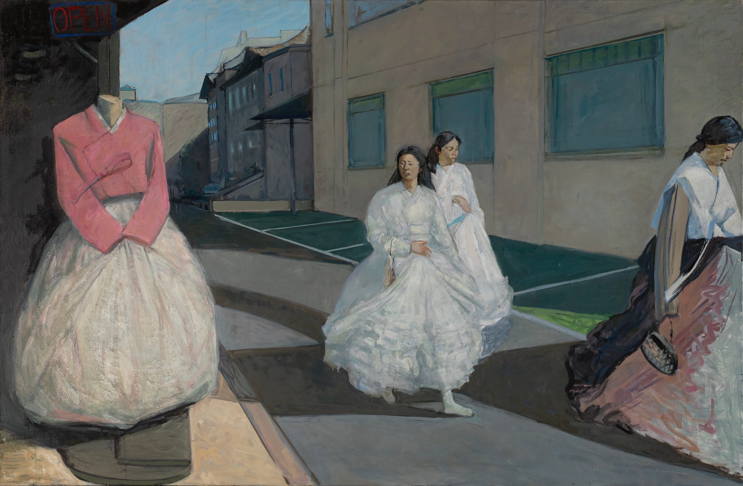 Young women in traditional Korean hanbok walking past a modern building, a mannequin in a pink jeogori in the foreground