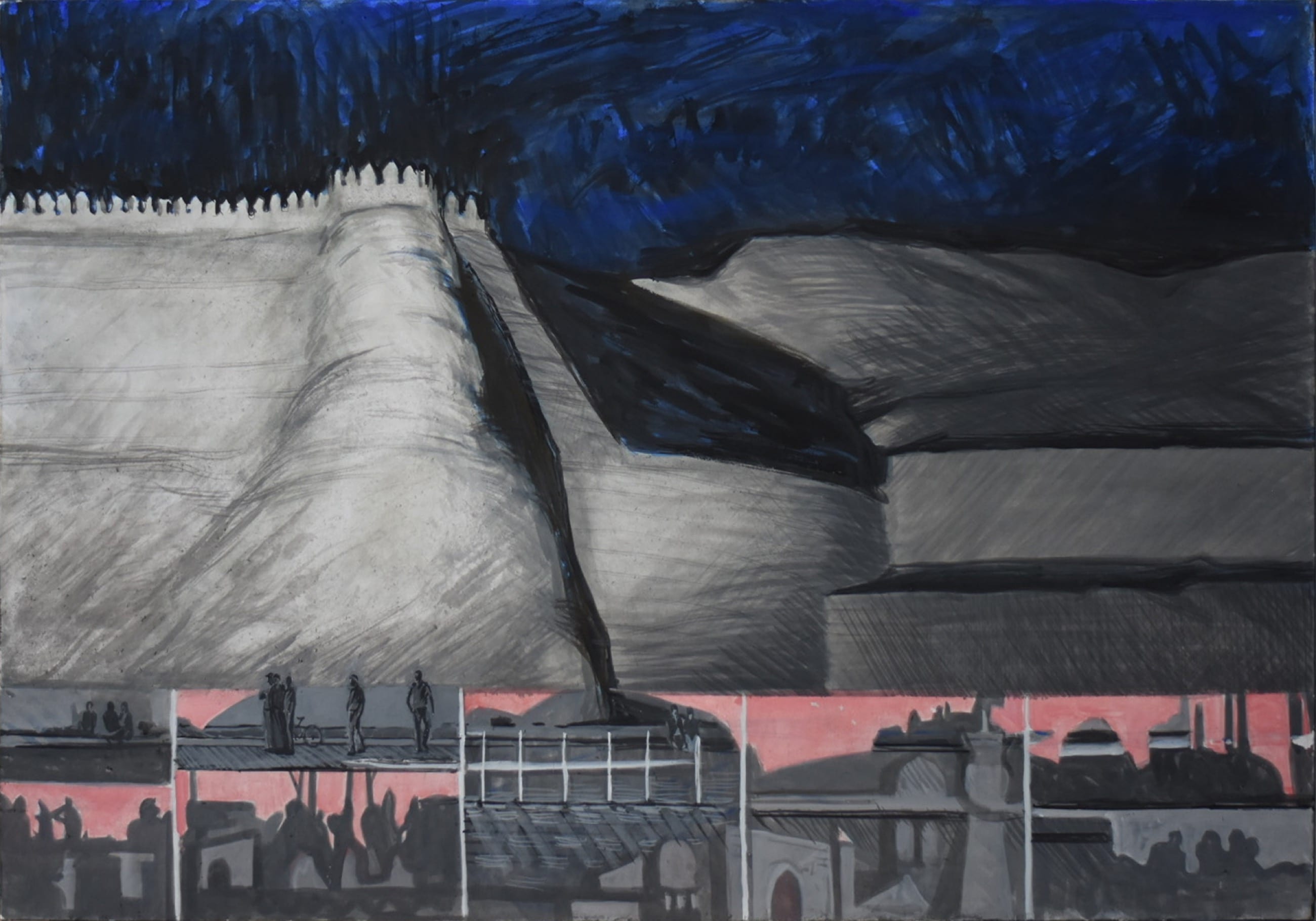 The Ark fortress in Bukhara at night, lit in electric pink, with silhouettes of people on a platform at the foot of the walls