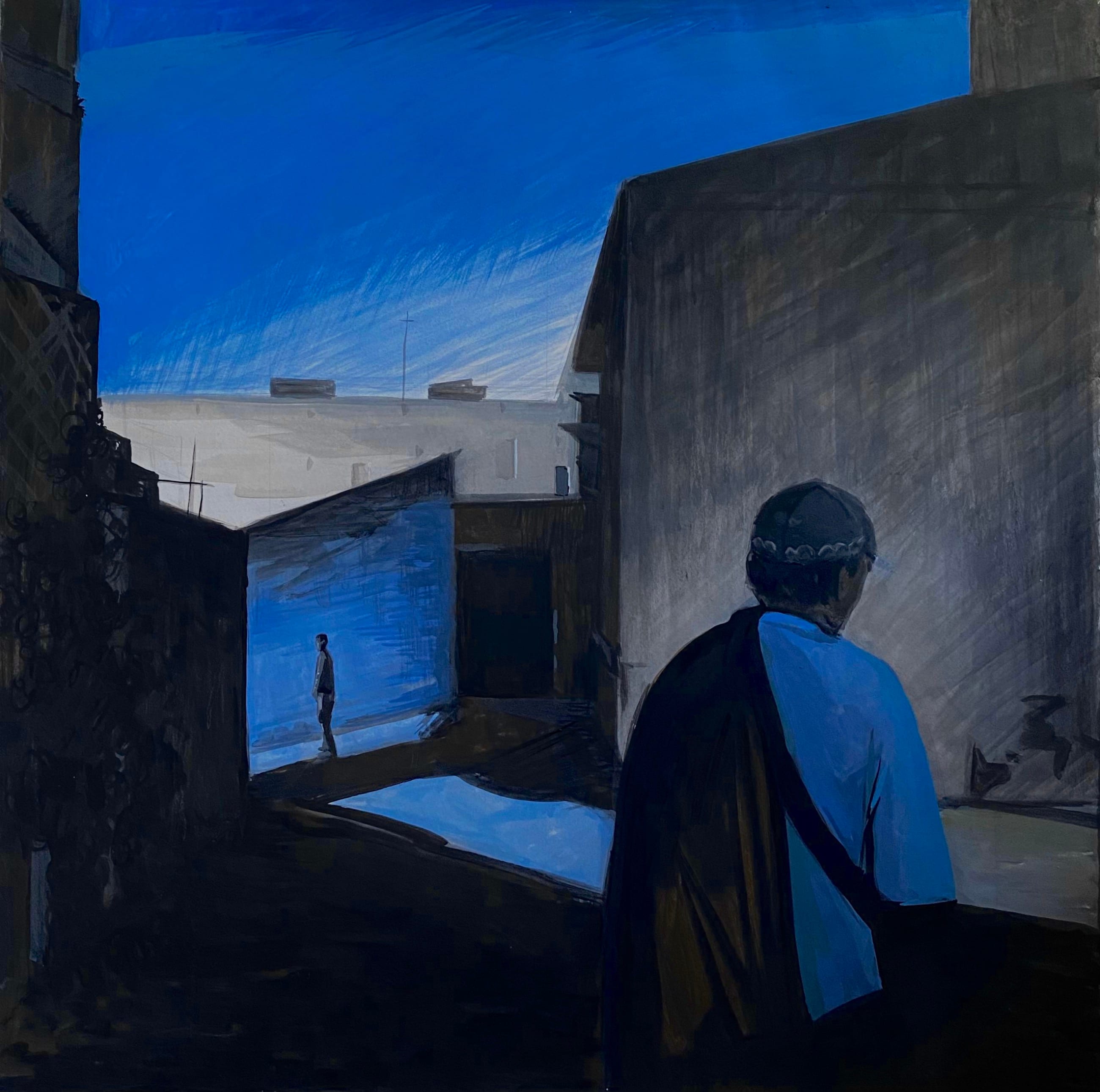 The mud-brick lanes of old Bukhara at night, a figure in a skullcap in the foreground and blue sky above the roofs